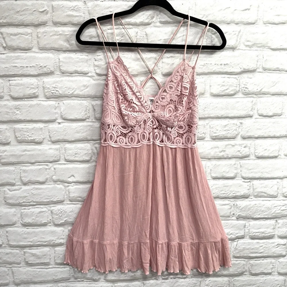 Y2K Victorias Secret Pink Dress Fairy Lace Babydoll Crochet Blush Pink Sz Large